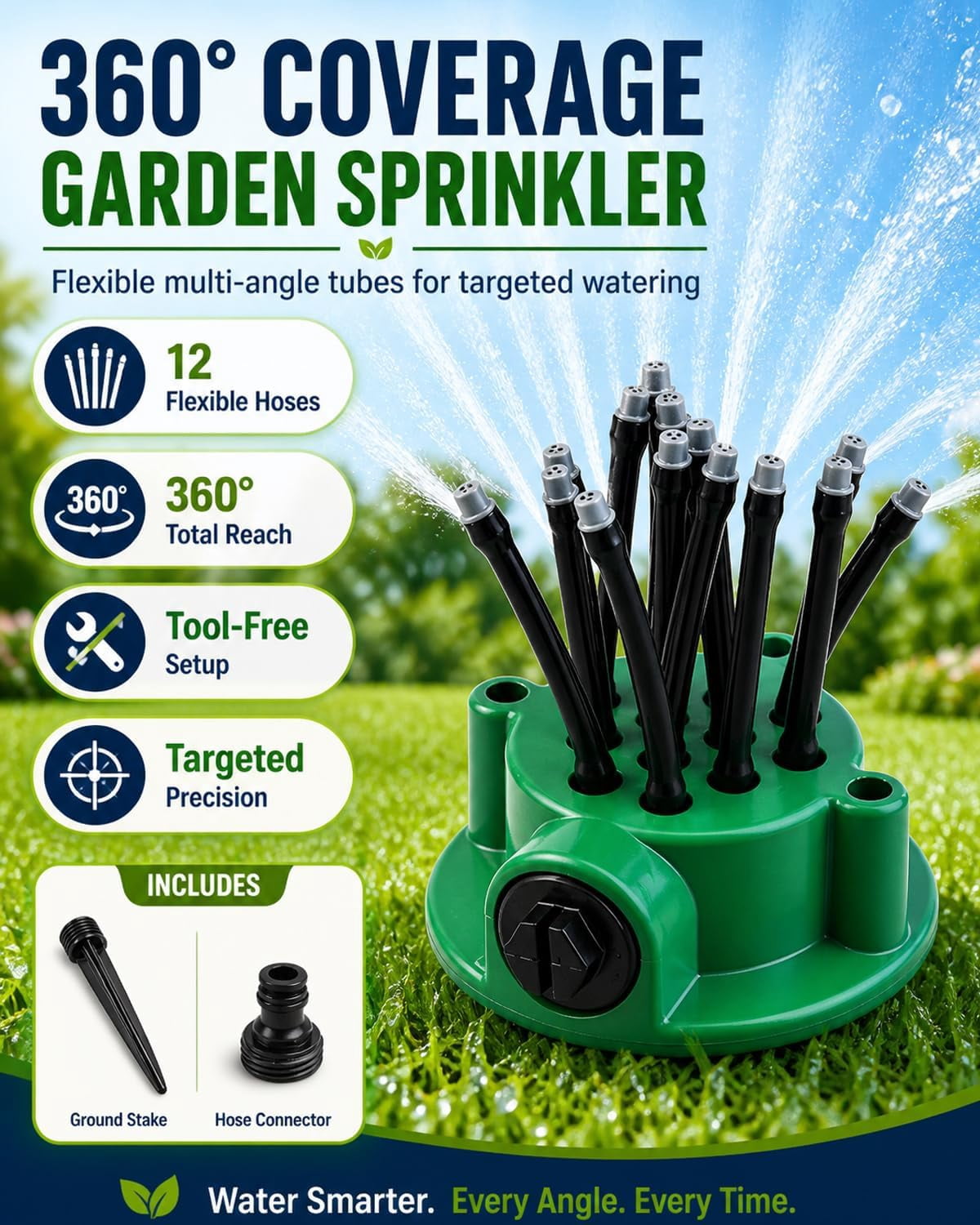 360° Coverage Lawn & Garden Irrigation Sprinkler, 12 Flexible Spray Nozzles for Targeted Watering, Adjustable Lawn Sprinkler with Durable Ground Spike, DIY Irrigation Kit for Yard Flower Bed (2Sets)