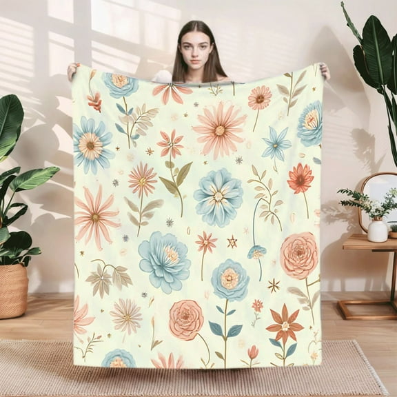 Durable Soft & Warm Flannel Blanket with Pastel Floral Pattern - Cozy for Sofa Travel Bed & Chair - Serene Yellow Background