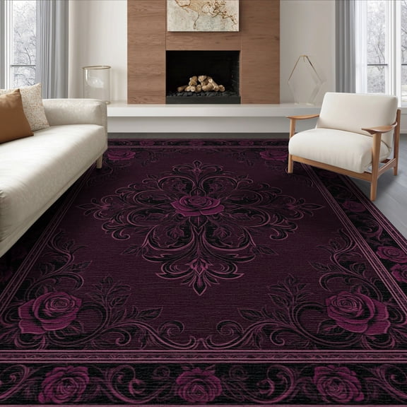 ODIKA 8'x10' Washable Area Rug Non-Slip Chair-Friendly Mat Black Gothic Witchy Maximalist Whimsigoth Victorian Floral Design with Roses for Dining Room, Large Office, Lounge