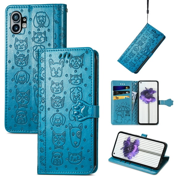 for Nothing Phone (1) Case, Premium PU Leather Wallet Case [Cat & Dog & Flowers Embossed] Card Slots Kickstand Magnetic Closure Flip Case Cover for Nothing Phone (1),Blue