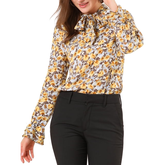 Unique Bargains Haut à Manches Longues Trompette Vintage à Volants à Col en V Noué à Motif Floral pour Femme