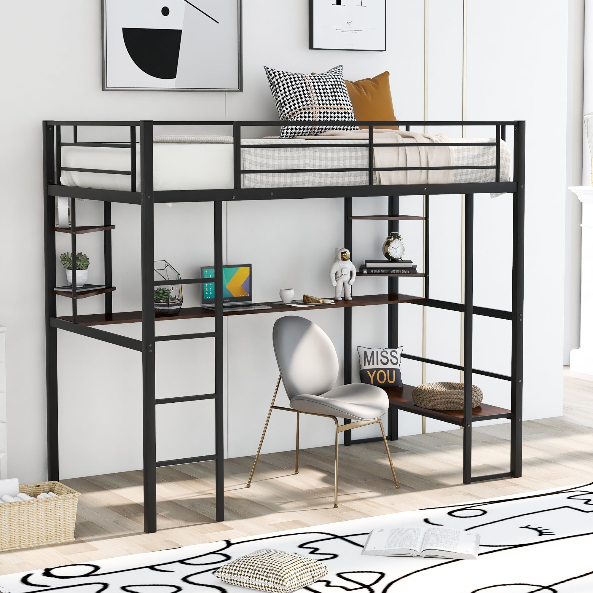 EUROCO Twin Metal Loft Bed with Desk for Child - Walmart.com