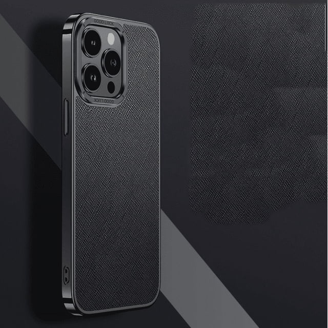 Phone Case for Iphone 14 15 plus pro max Cross grain genuine leather phone case