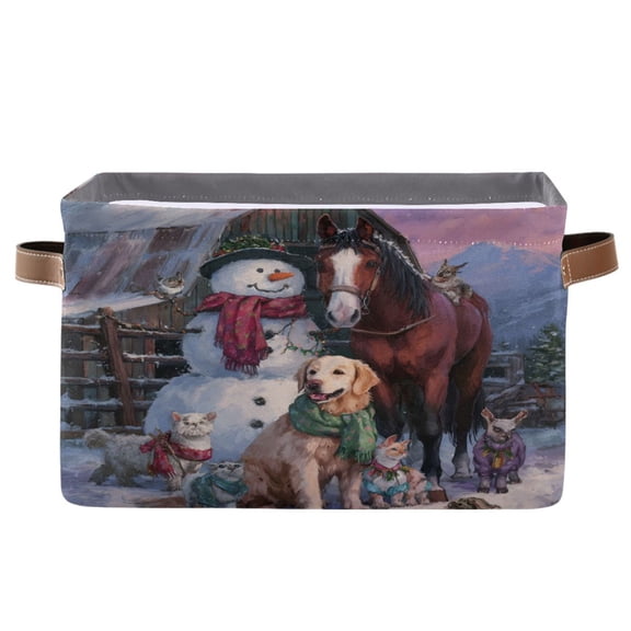 Wobogo Farm Snowman Square Storage Basket with Waterproof Canvas and PE Lining Durable PU Leather Handles 14.2×10.2×8.3in