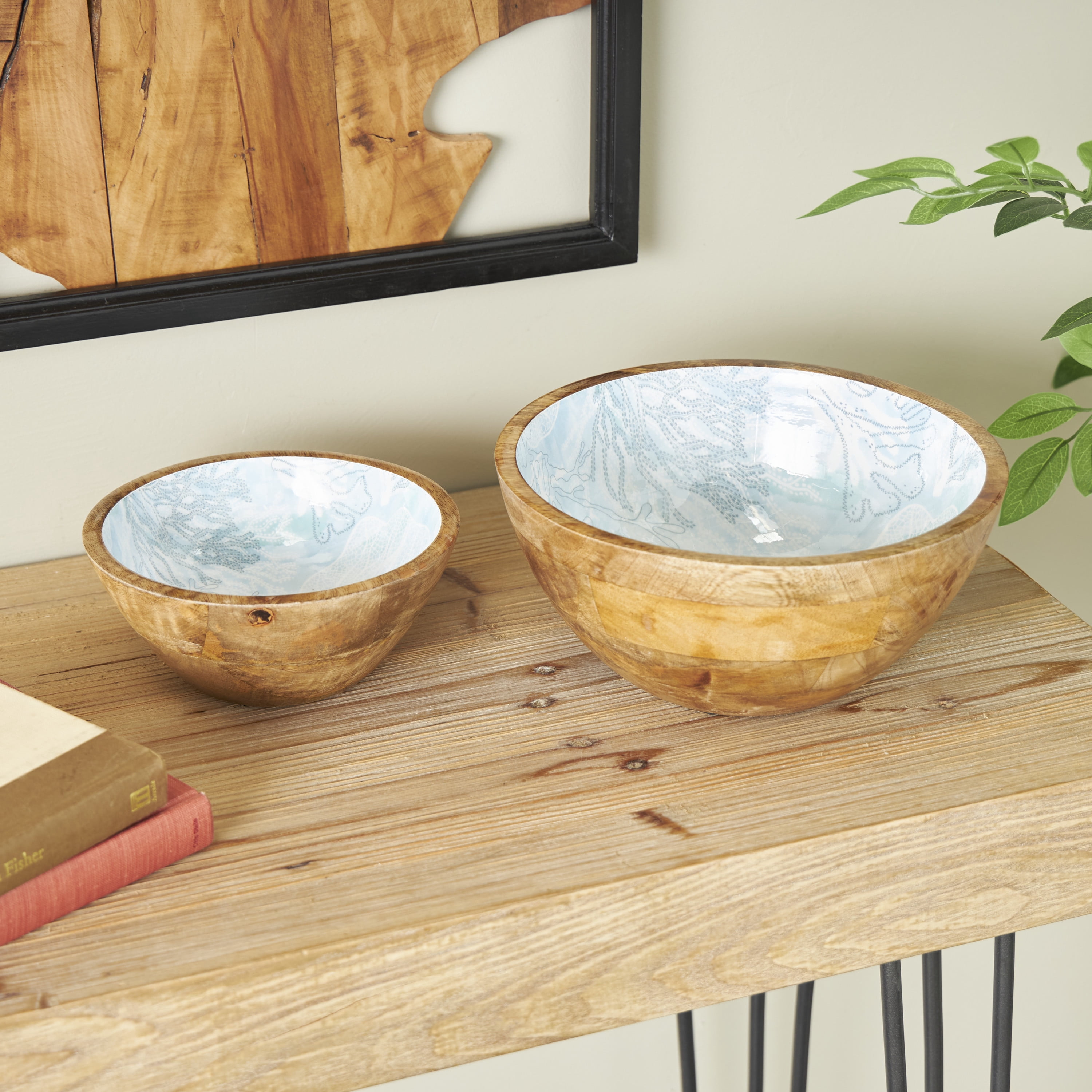 DecMode 9", 7"W Handmade Round Nesting Light Blue Mango Wood Decorative Bowl, Set of 2