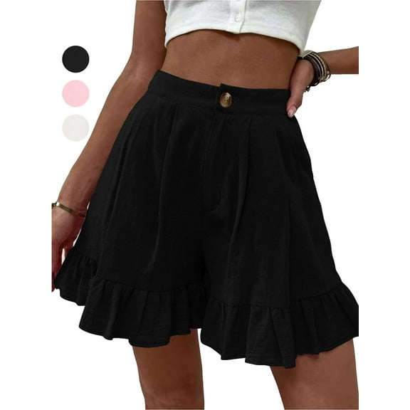 Gustave High Waisted Wide Leg Shorts for Women Casual Pleated Ruffle Short Pants Summer Loose Button Shorts "Black, M"