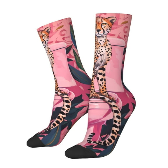 Qokaie Cheetah On Toilet Humor Art for Women's Cushioned Crew Socks, Moisture-wicking Crew Socks For Women, Seamless Toe Size 5-11