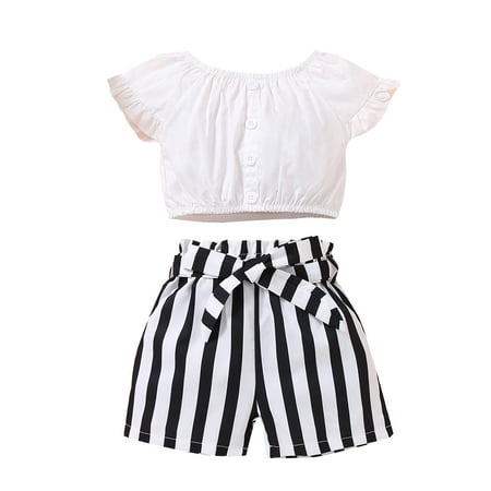 

Canrulo Summer Kids Girls Clothes Solid Short Sleeve Button T Shirts Tops Striped Belt Shorts 2pcs Sets White 2-3 Years
