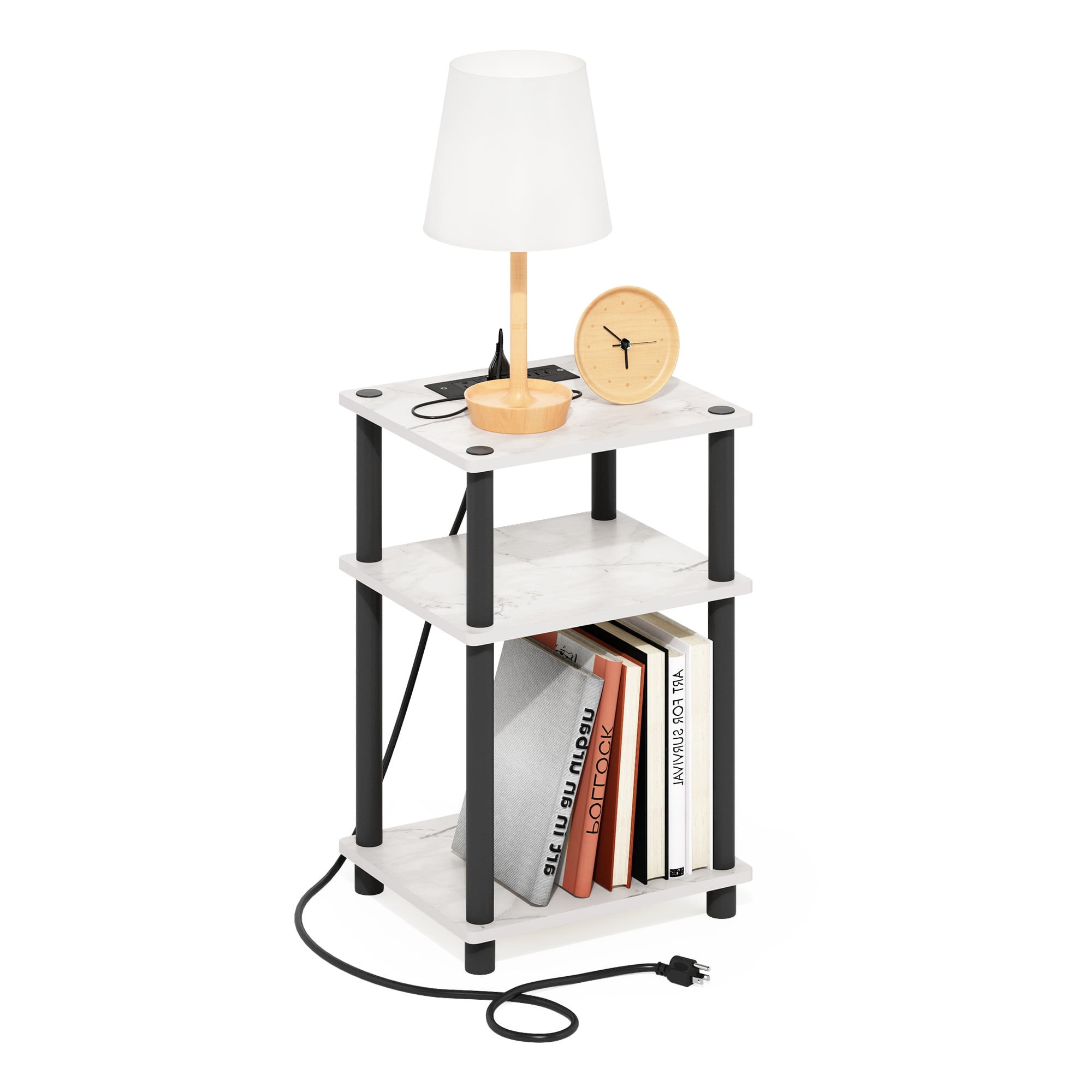 Furinno Just 3-Tier Turn-N-Tube USB and Type-C Charging Port End Table with Open Storage, Marble White/Black