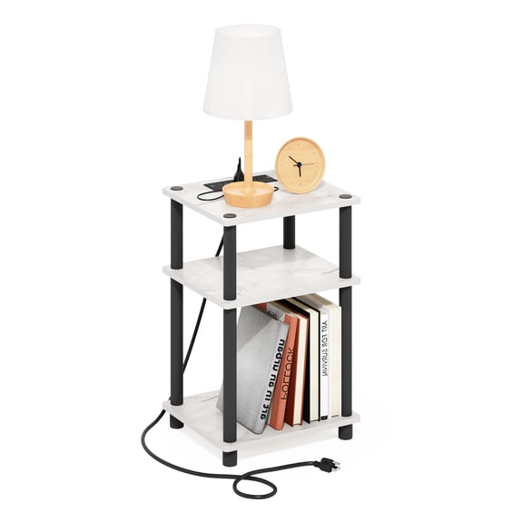 Furinno Just Side Table, 3-Tier End Table with Charging Station, Open Shelf Night Stand, Bedside Table with USB and Type-C Charging Port, for Living Room, Bedroom, Light Marble