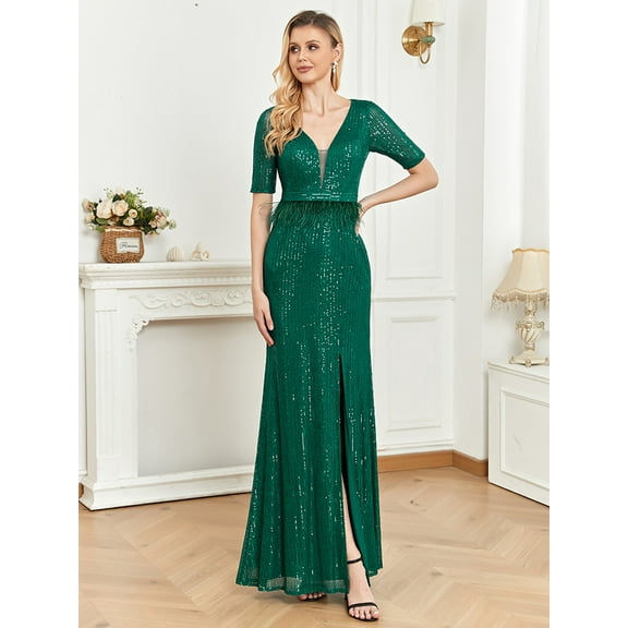 Wedding Dress Wedding Guest Dresses for Women Short Sleeve V-Neck Fishtail Slit Dinner Dress Long Dress Women Beads Evening Dress Party Dress