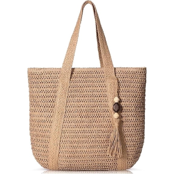Soda Candy Straw Beach Bags for Women Boho Crochet Beach Tote Bag with Wooden Bead Tassel, Large Woven Shoulder Bag for Summer Vacation Pool Picnic