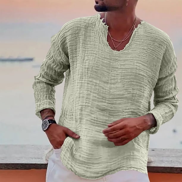pstuiky Camisas de invierno de manga larga para hombre, Camiseta de manga larga con cuello en V para hombre, color liso, a la moda camisetas de hombre xxl