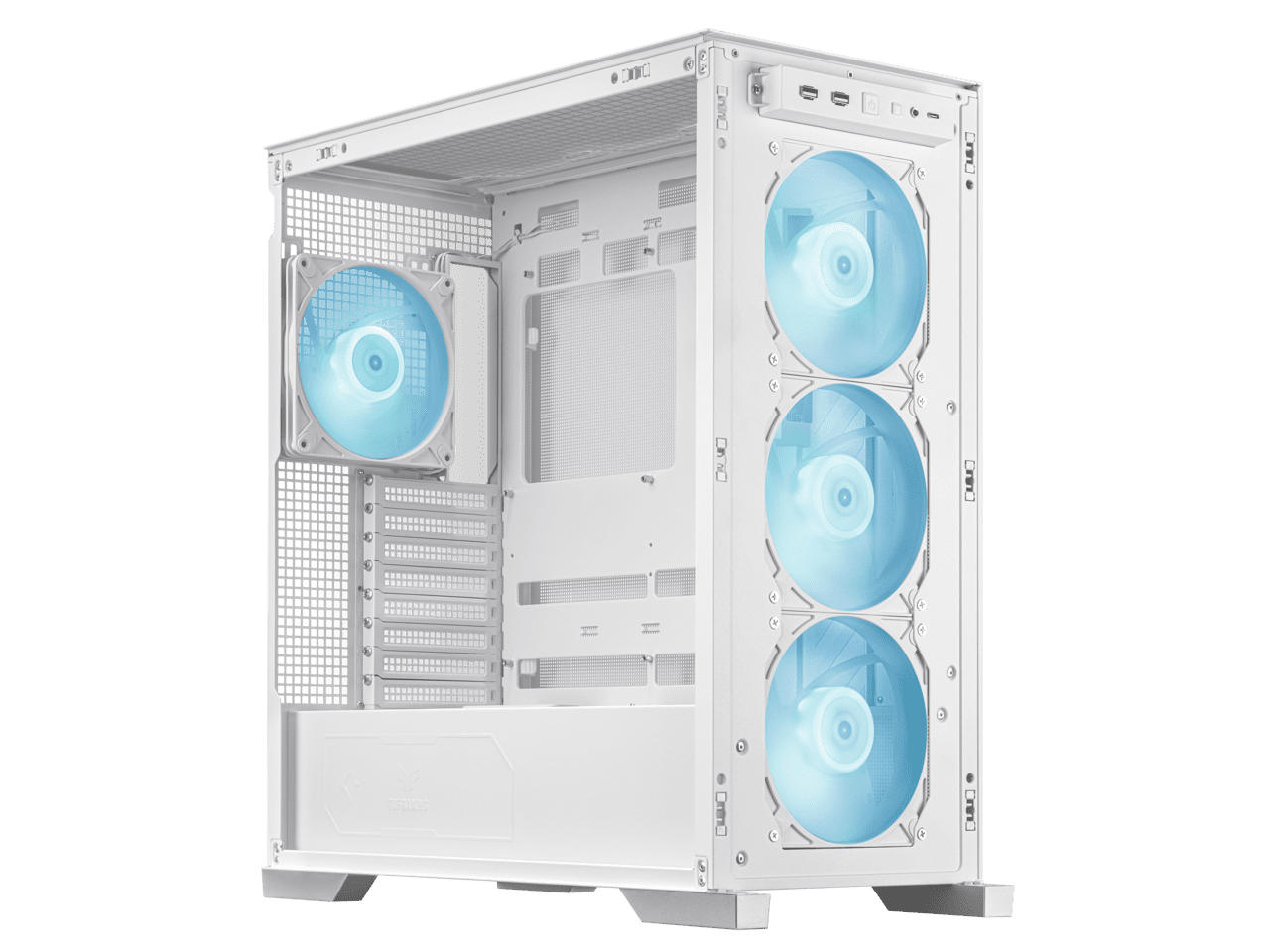 ASUS TUF Gaming GT302 ARGB White Edition ATX Mid-Tower Case Four 140 x 28 mm ARGB fans for high airflow and static pressure, interchangeable side panel, hidden-connector motherboard support