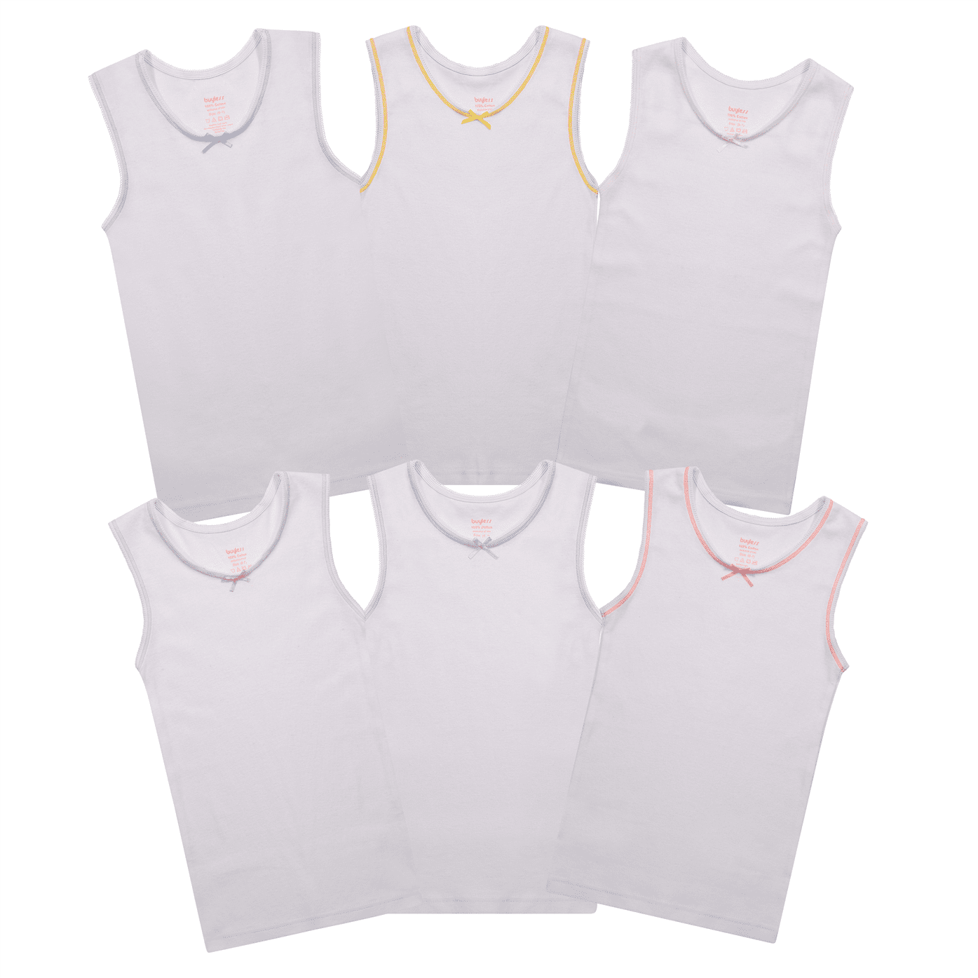 Buyless Fashion Girls Tagless Cami Scoop Neck Undershirts Cotton Tank with Trim and Strap 6 Pack 