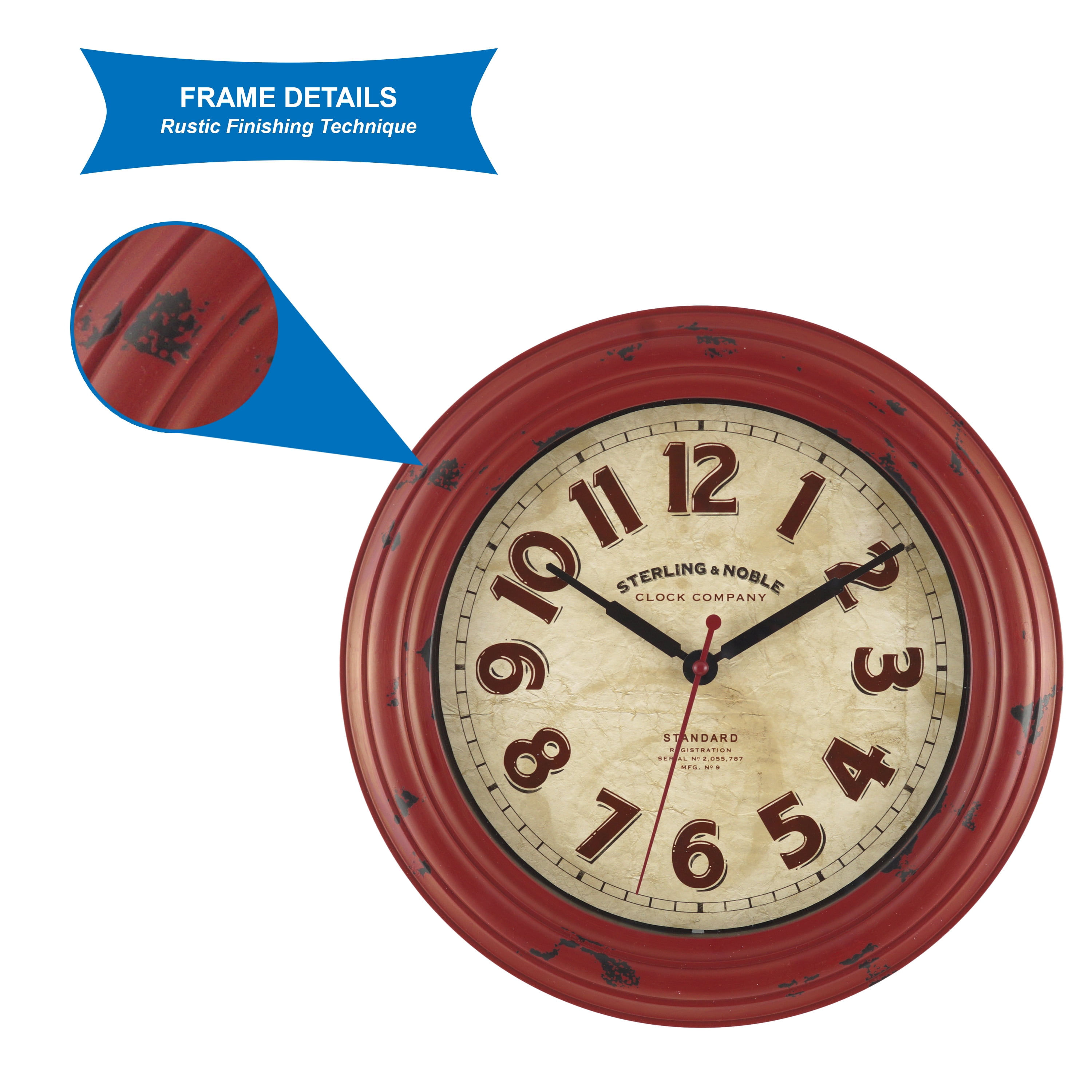 Red Wall Clock Arabic Numerals Rustic Distressing Plastic Frame Lightweight 