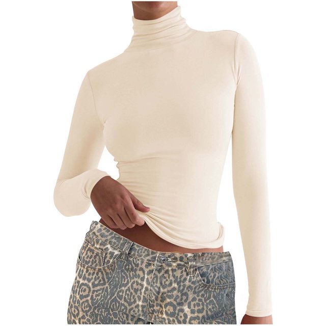 Timegard Tops for Women Long Sleeve High Neck Solid Color Slim Comfy Tee Casual Bottom Tops Fall Blouse