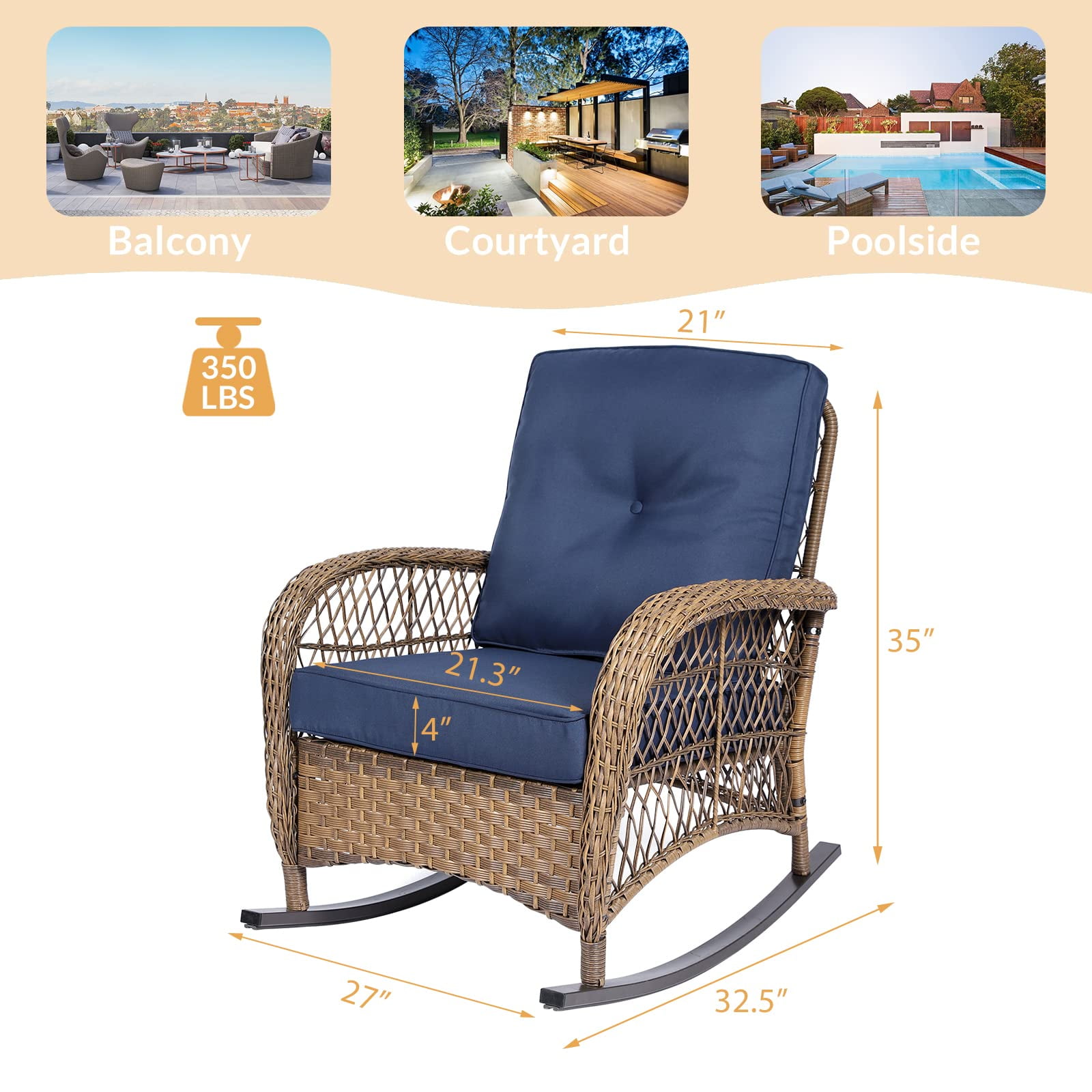 W WARMHOL Outdoor Wicker Rocking Chair with Thickened Cushions All Weather Rattan Patio Rocking Chairs Rocker Wicker Chair for Porch Garden