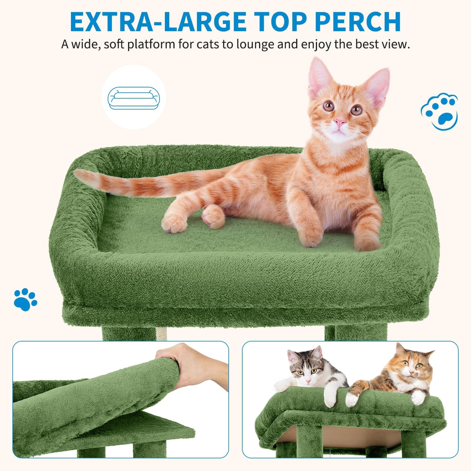 61" Multi-Level Cat Tree for Indoor Cats, Heavy-Duty Tower for Large Adult & Maine Coon Cats with Extra-Large Perch, 2 Spacious Condos, Natural Sisal Scratch Posts & Play Toys（Green)