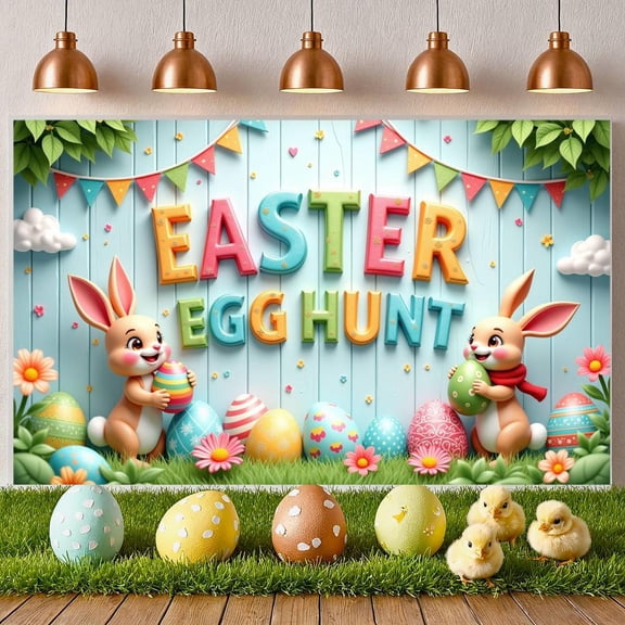 Colorful Letters Easter Banner Cartoon Bunnies Egg Hunt Display Decorative Eggs Floral Accents Bunny Backdrop for Easter Celebration Egg Hunt Game Kids Activity
