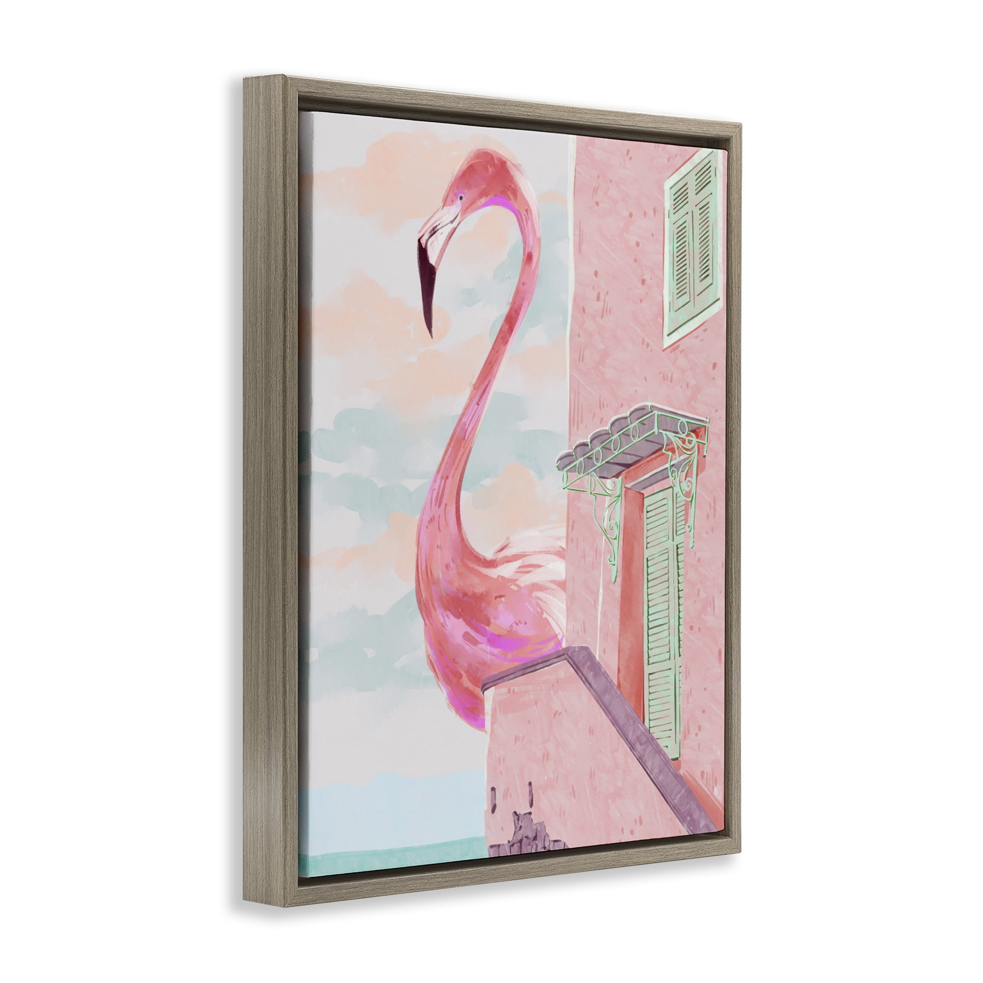 Stupell Industries Giant Flamingo with Seaside Balcony Brown Framed Floater Canvas Wall Art, design by Ziwei Li