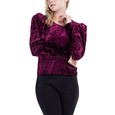 - Womens Fashion Velvet Long Sleeve Puff Shoulders Top HDT9609-S-Burgundy