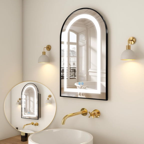 Arched Medicine Cabinet with LED, Lighted Bathroom Medicine Cabinet Mirror with Anti-Fog, No Assembly Required, Recessed or Surface Mount (Black, 19.7"x31.5")