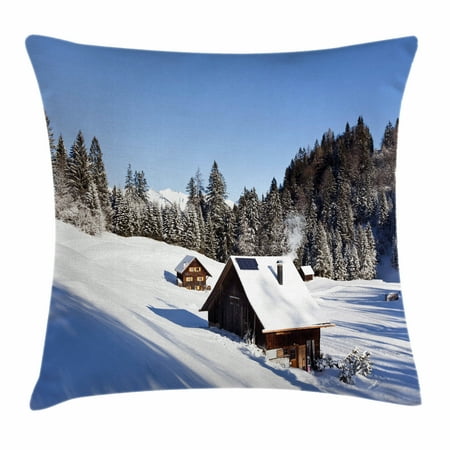 Winter Throw Pillow Cushion Cover, Log Cabins in the Mountains Sunny Winter Day Rural Scene Holiday Vacation, Decorative Square Accent Pillow Case, 18 X 18 Inches, Blue Brown White, by