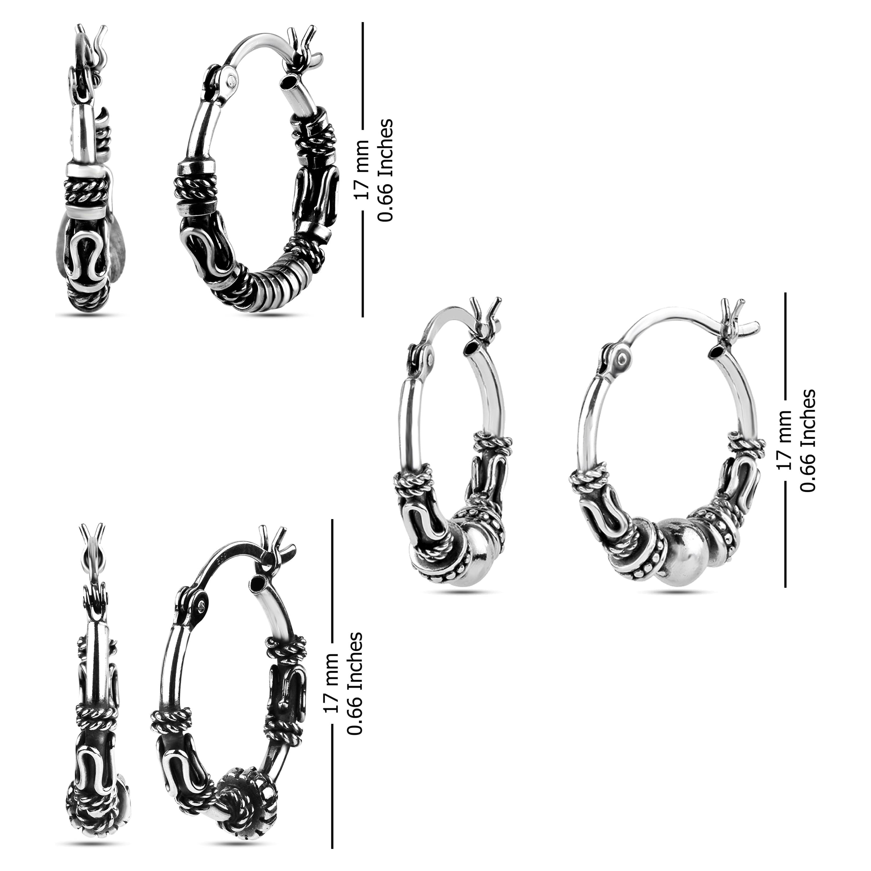 LeCalla Antique 925 Sterling Silver Hoop Earrings Set of 3 Pairs Lightweight for Women and Teen (17MM)