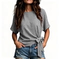 thumbnail image 3 of ClodeEU Women's Plaid Round Neck Short Sleeve Blouse,Casual Summer Wrap Tie Waist Top Black,Women's Plus L, 3 of 6