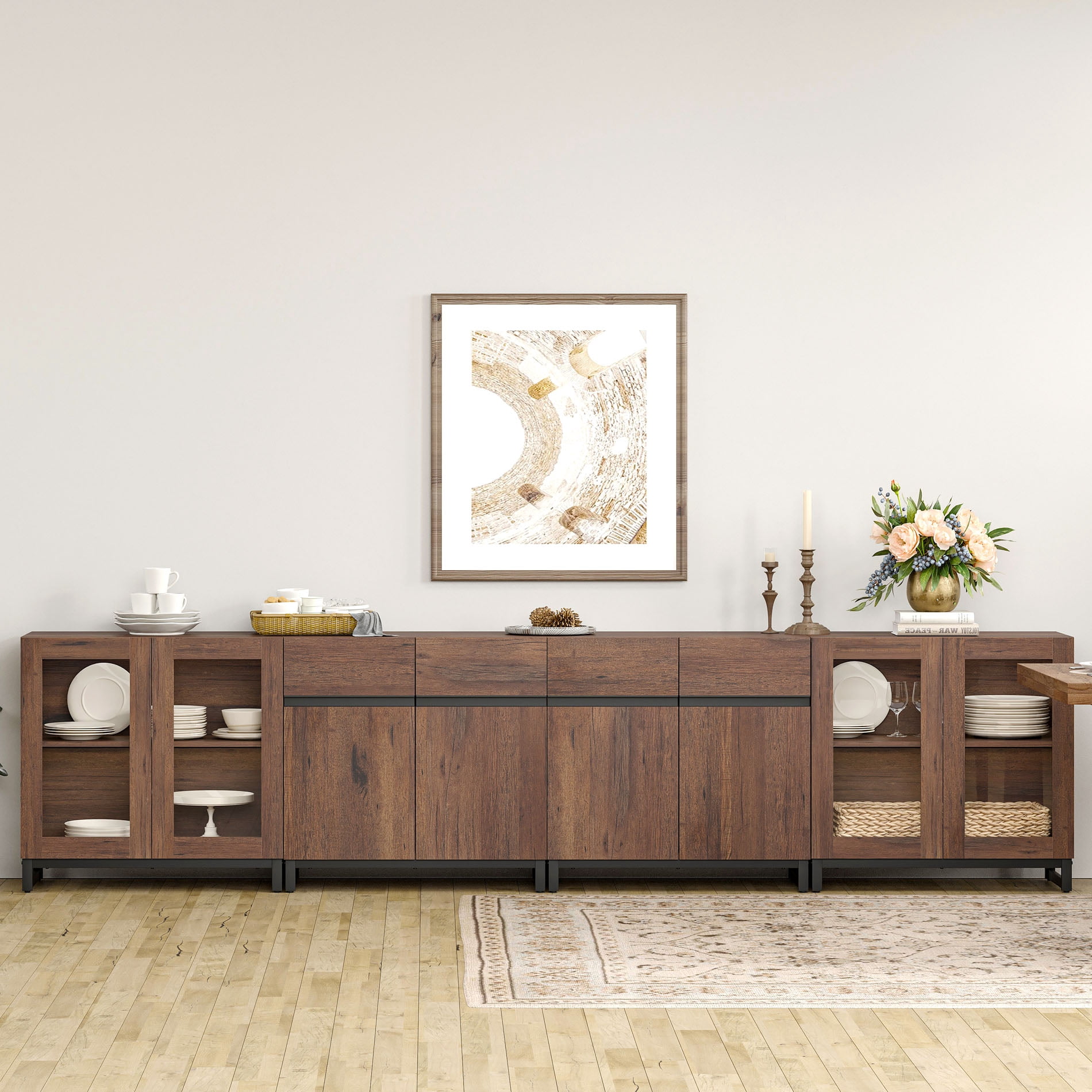 Modern Sideboard With Adjustable Shelves, 4 In 1 Storage Cabinet With Glass Doors, Coffee Bar Cabinet For Living Room, Kitchen,Dinning Room,Brown