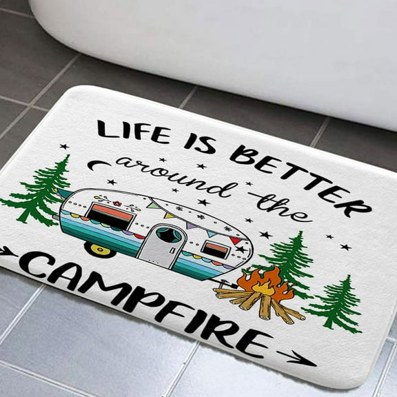 Happy Camper Bathroom Rugs, Retro Rustic Wood Bathroom Rugs Set Neutral Color for Travel Trailer Camping Motor RV Bathroom Rug Mat 17x29inch, Extra Soft and Absorbent Bath Rugs