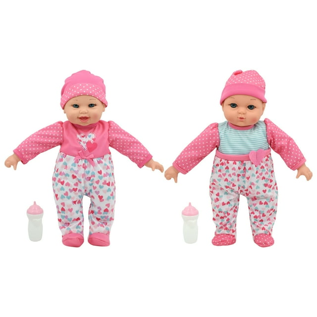 Little Darlings: Gemelos Parlantes de 12" - Rosa, Verde Azulado, Corazones - 2 Muñecos de Cuerpo Suave, Hacen 12 Sonidos, 2 Botellas, Nuevas Aventuras, Niños Pequeños y Mayores de 2 Años