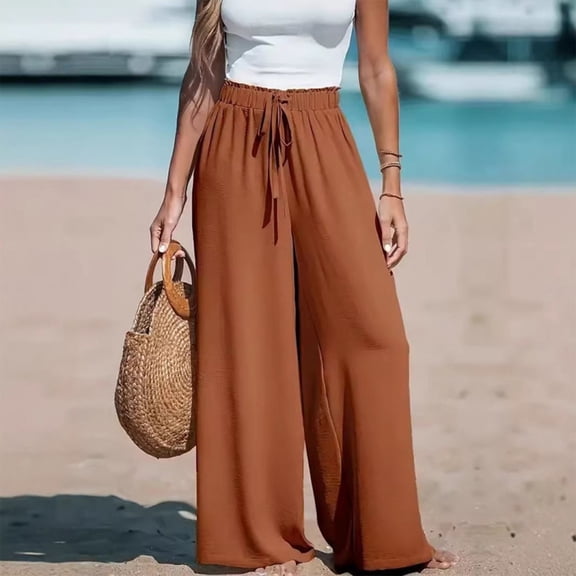 Womens Linen Pants Smocked Waist Boho Western Flowy Wide Leg Pant High Wasited Baggy Palazzo Pants Light Brown S