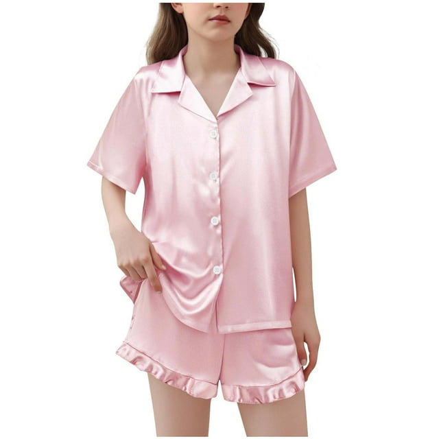 BLVB Girls Pajamas Satin Pajama Set Silk Pjs Short Sleeve Button down Shirts Summer Ruffle Sleepwear for Big Kids 5-15Y