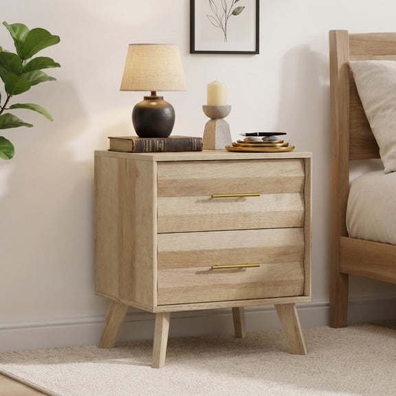 Oak-colored double-drawer bedside table, a mid-century modern style bedroom storage cabinet with metal handles and solid wood slanted legs.