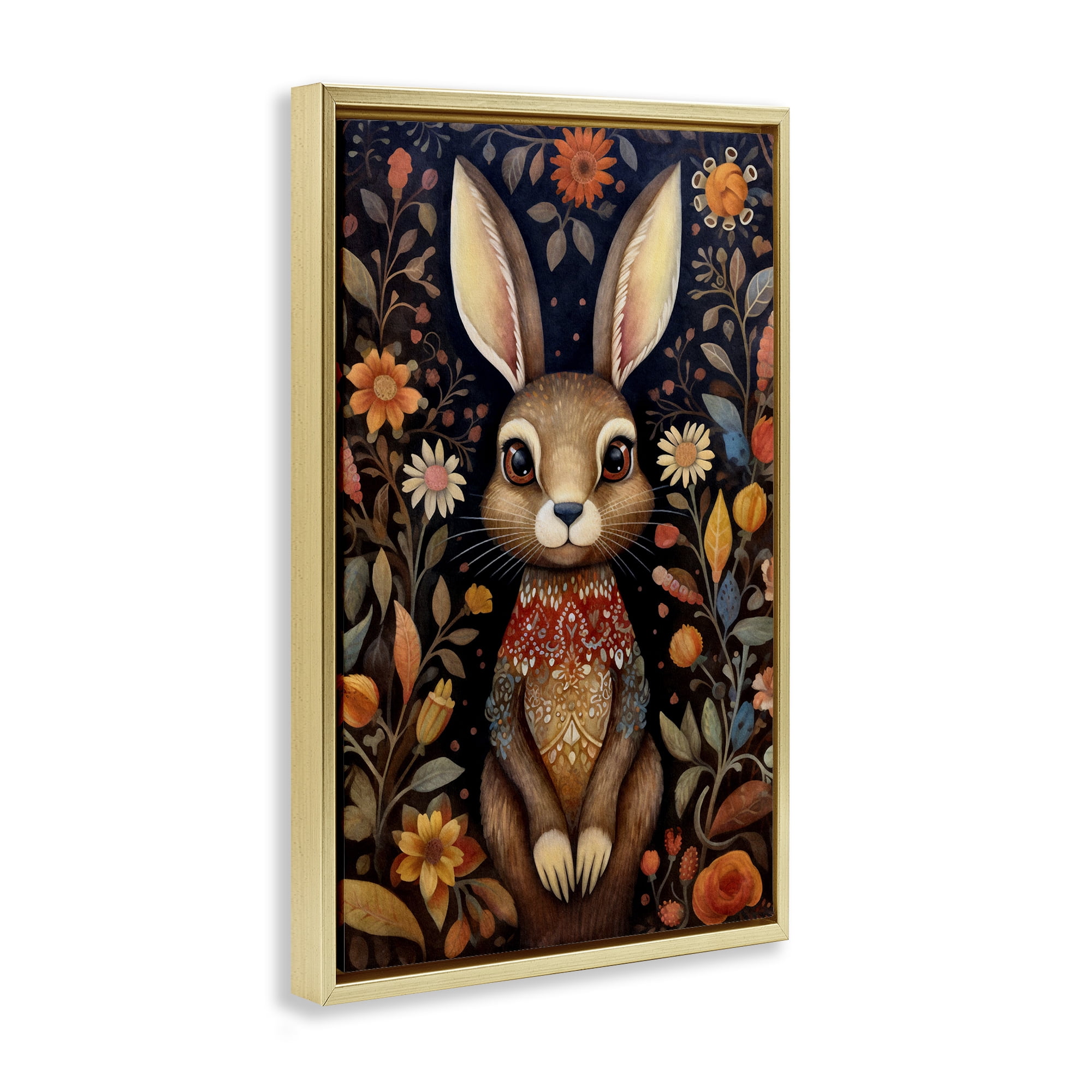 Stupell Industries Woodland Pattern Rabbit Animals & Insects Painting Gold Floater Framed Art Print Wall Art, 17 x 25