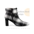 thumbnail image 3 of BLISSFUL STEP Women's Plaid Chunky Heel Pointy Toe Rhinestone Bow Ankle Boots Black 7, 3 of 6