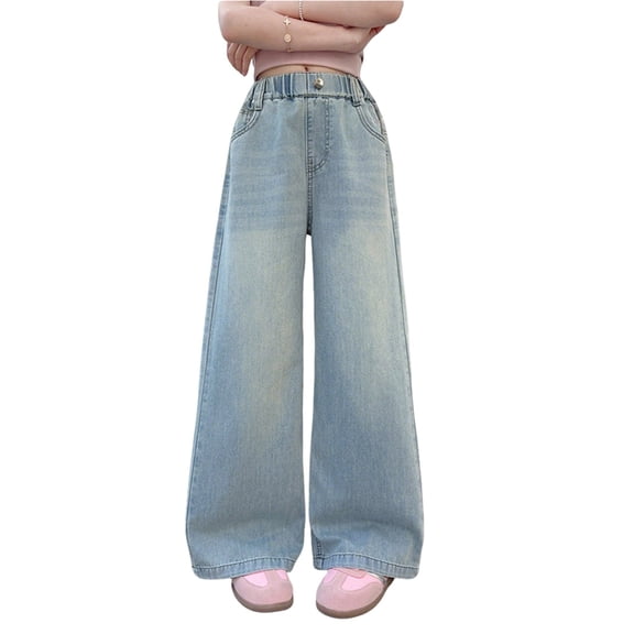 XIYON Kids Girls Denim Pants Summer Elastic Waist Wide Leg Straight Fit Comfortable Breathable Trousers For Casual Daily Wear,Sky Blue,11-12 Years