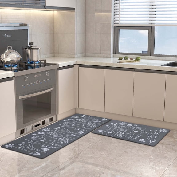 (2 pack) Kitchen Rugs and Mats, Cushioned Anti-Fatigue Floor Rug, PVC Non-Slip Waterproof Kitchen Mat Set for Kitchen, Office, Sink 17"x47" 17"x29" (Gray)