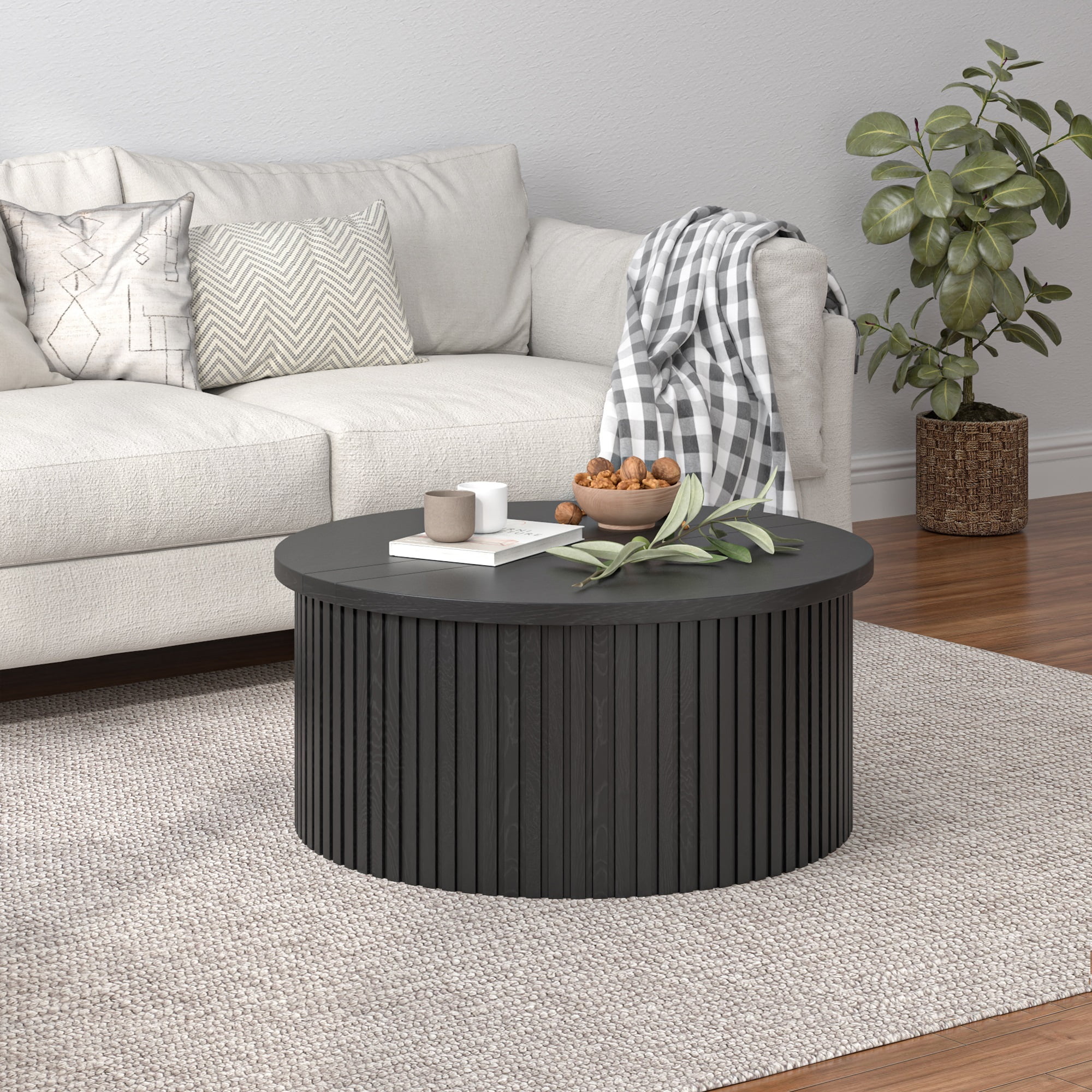 Round Lift Top Coffee Table with Storage Farmhouse Center Table with Hidden Compartment Circle Sofa Table for Living Room Black