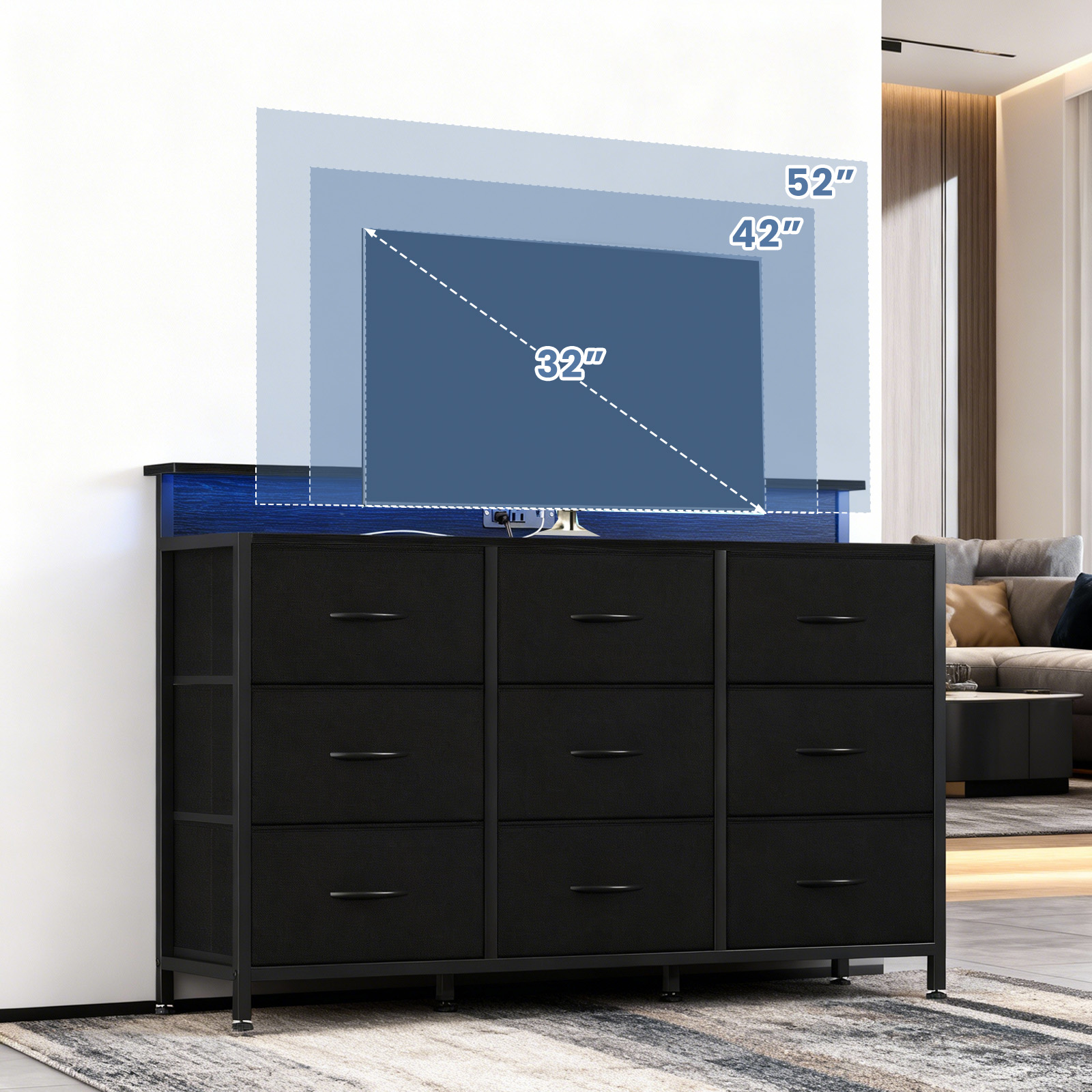 edx 9-Drawer Fabric Dresser TV Stand, Multifunctional Storage Cabinet with Power Outlets & LED Light, Black