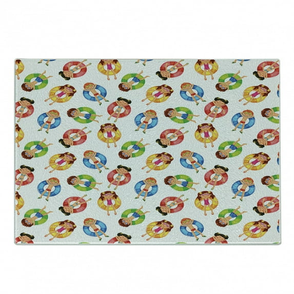 Summer Cutting Board, in the Pool on Life Swimming Summer Season Themed Cartoon Characters, Decorative Tempered Glass Cutting and Serving Board, Small Size, Multicolor, by Ambesonne
