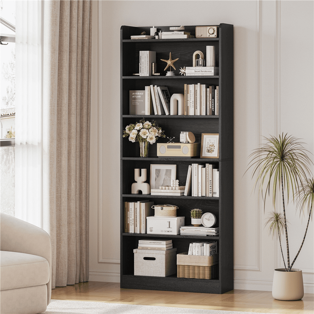 Renwick 7 Layer Modern Simple Bookshelf with Top Open Compartment, Set of 2, Black