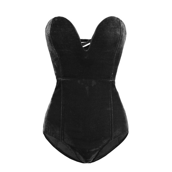 Genuiskids Women's Velvet Strapless Bodysuit Vintage Sexy Deep V Neck Cross Back Velvet Bodycon Leotard Tops