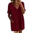 thumbnail image 3 of Efsteb Women's Cotton Tunic Dress V-Neck Short Sleeve Casual Loose Fit Short Dress with Side Pockets （Wine,L）, 3 of 7