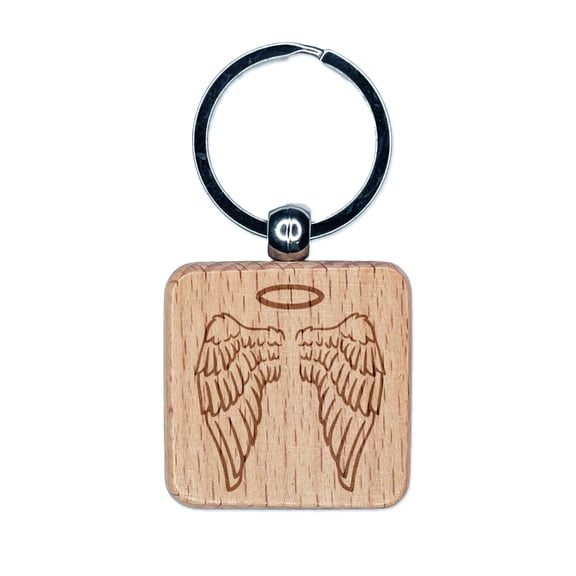Folded Angel Wings with Halo Feathers Square Keychain Charm Tag - Engraved Wood