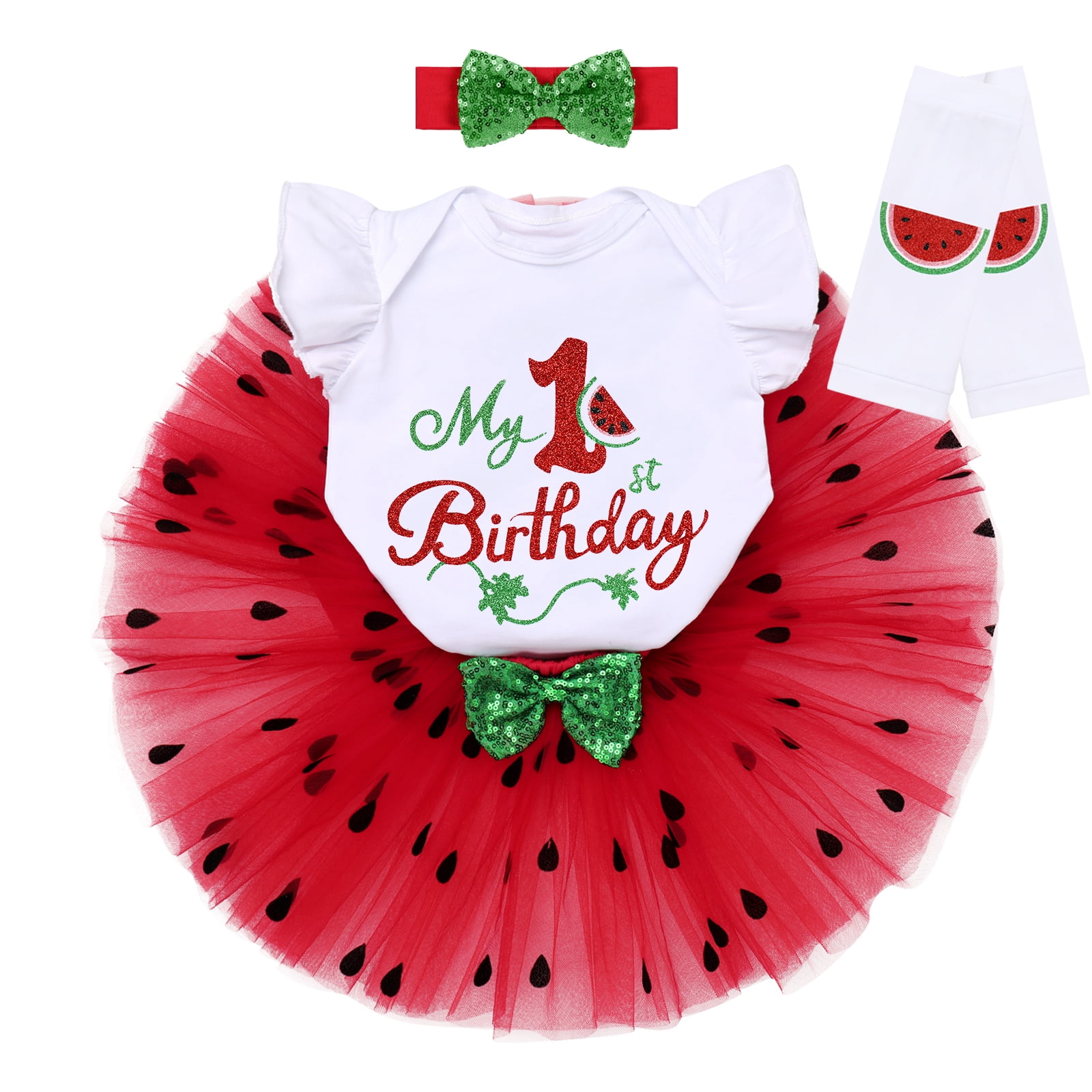 IBTOM CASTLE Baby Girls Watermelon 1st/2nd Birthday Outfit Princess Ruffle Romper Tutu Skirt Leggings Headband 4pcs Clothes Set 12 Months Red-My 1st Birthday