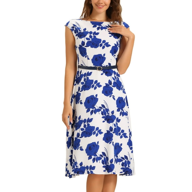 INSPIRE CHIC Vestido Midi Vintage de los 50 para Mujer con Cuello Barco, Mangas Cortas y Cinturón, Floral, Blanco y Azul