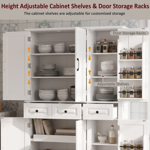 72" Tall Farmhouse Kitchen Pantry Cabinet with 3 Pull-Out Trays & 6 Door Racks, White